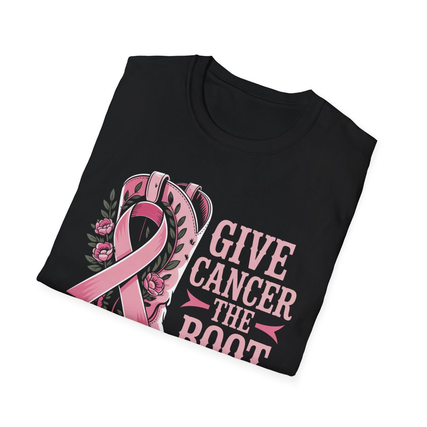 Give Cancer the Boot T-Shirt, Softstyle Tee, Cancer Awareness Shirt, Gift for Fighters, Breast Cancer Support, Unisex Top