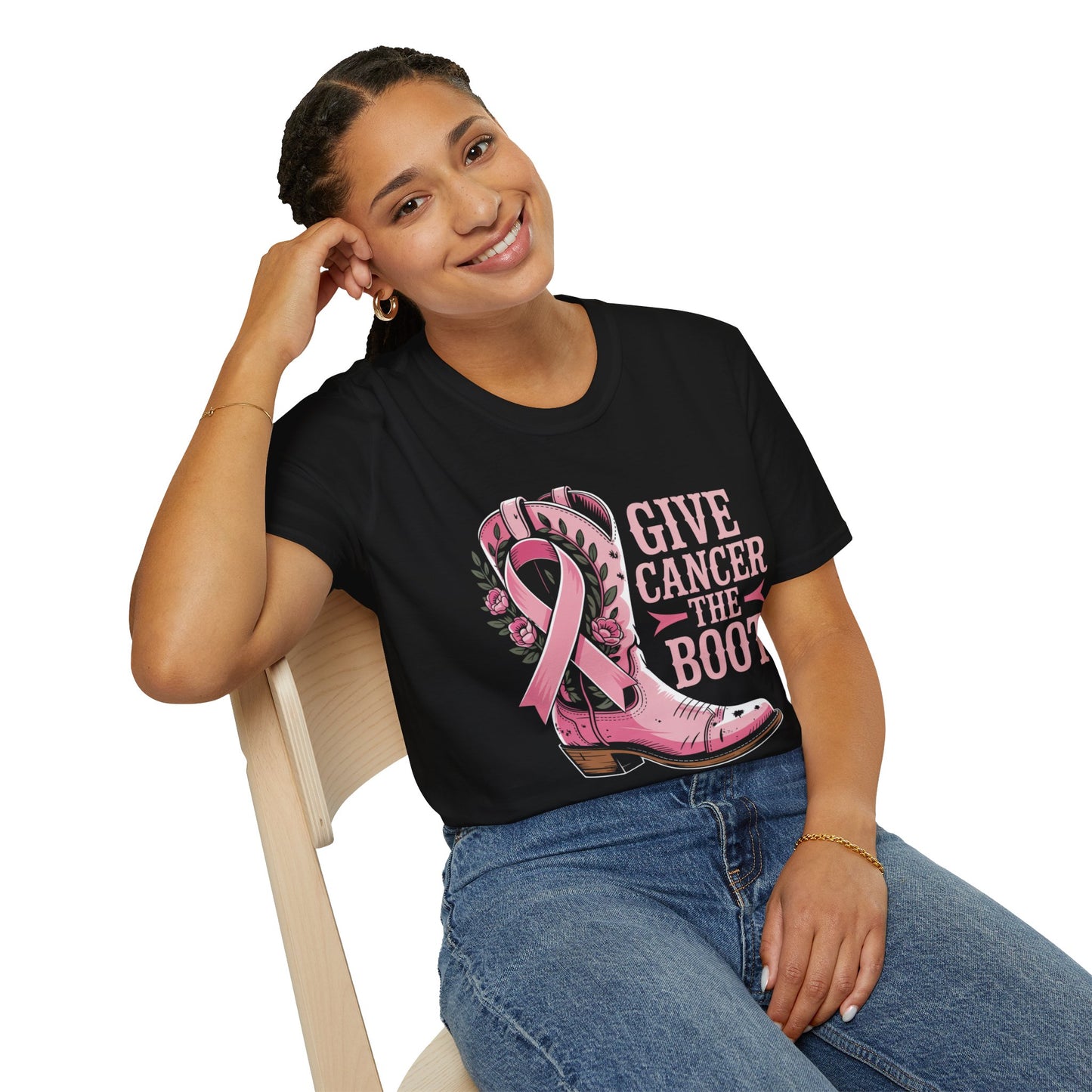 Give Cancer the Boot T-Shirt, Softstyle Tee, Cancer Awareness Shirt, Gift for Fighters, Breast Cancer Support, Unisex Top