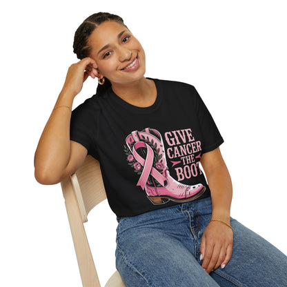 Give Cancer the Boot T-Shirt, Softstyle Tee, Cancer Awareness Shirt, Gift for Fighters, Breast Cancer Support, Unisex Top